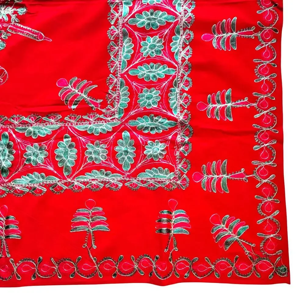 Vintage 1980's Christmas buffet tablecloth red with green & gold embroidery